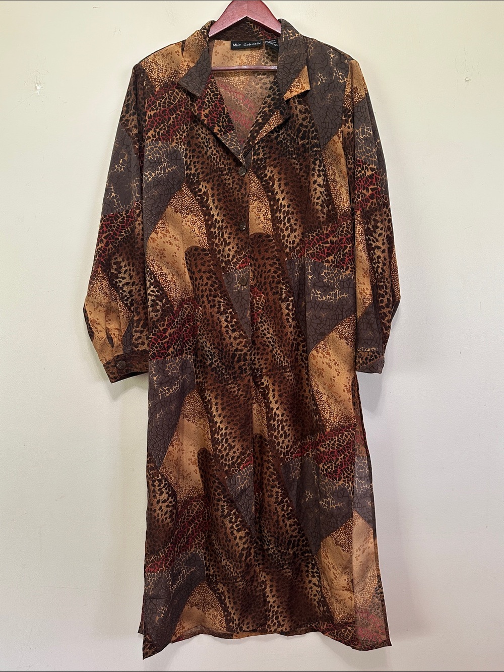 Mlle Gabrielle Brown Patchwork Animal-Print Flowy Duster Coat